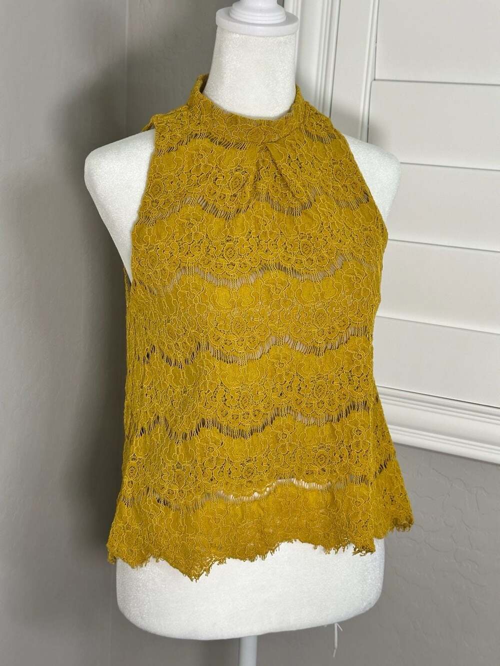Love, Fire Mustard Yellow Lace Top Size M Sleeveless High Neck Boho Tank Top